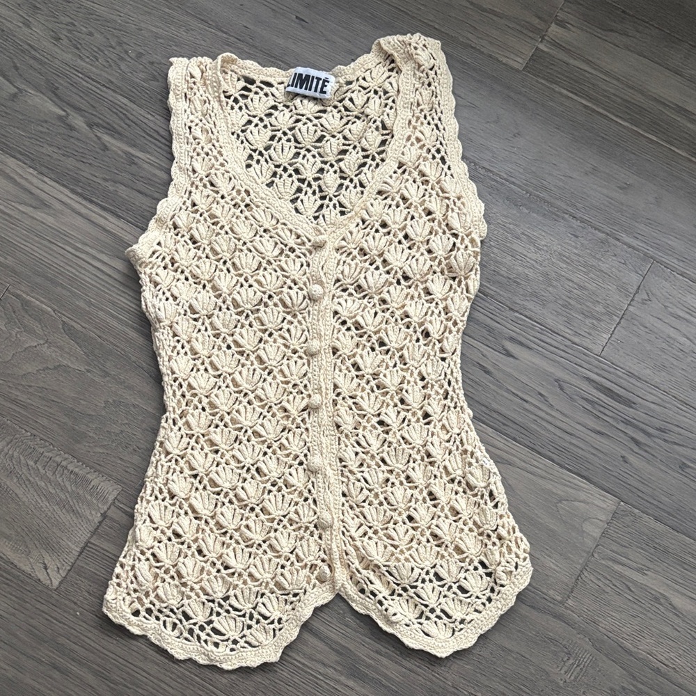 The Limited | Beige Cream Crochet Sleeveless Button Top Vintage Y2K Sz Large